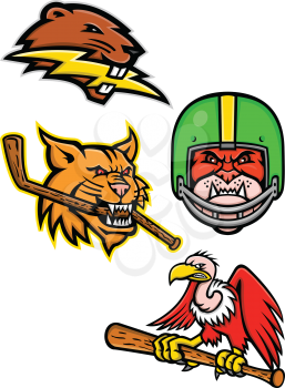 Sports mascot icon illustration set of heads of American wildlife like the North American beaver with lightning bolt, bobcat or lynx cat with ice hockey stick, bulldog wearing gridiron or football helmet and California condor or vulture with baseball bat  on isolated background in retro style.