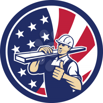 Icon retro style illustration of an American lumber yard or lumberyard worker thumbs up with United States of America USA star spangled banner or stars and stripes flag in circle isolated background.