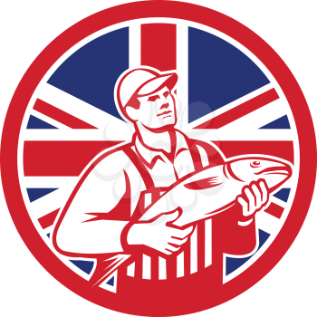 Icon retro style illustration of a British fishmonger selling fish with United Kingdom UK, Great Britain Union Jack flag set inside circle on isolated background.