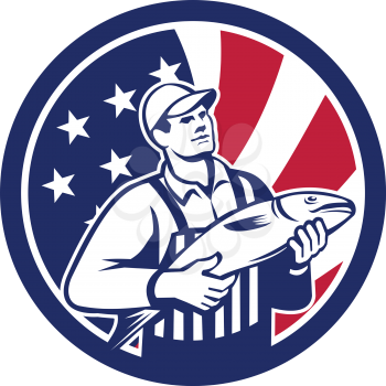 Icon retro style illustration of an American fishmonger selling fish with United States of America USA star spangled banner or stars and stripes flag inside circle isolated background.