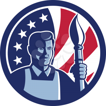 Icon retro style illustration of an American fine artist or painter holding paint brush with United States of America USA star spangled banner or stars and stripes flag in circle isolated background.
