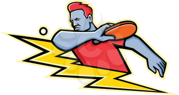 Mascot icon illustration of a table tennis or ping-pong player striking a ping pong ball with paddle or racket with lightning bolt or thunderbolt viewed from side on isolated background in retro style.