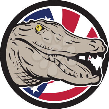 Icon retro style illustration of an American alligator, crocodilian of the family Alligatoridae with United States of America USA star spangled banner or stars and stripes flag inside circle.