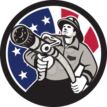 Icon retro style illustration of an American firefighter or fireman holding a fire hose front view with United States of America USA star spangled banner or stars and stripes flag inside circle isolated background.