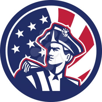 Icon retro style illustration of an American patriot or militia minuteman looking up with United States of America USA star spangled banner or stars and stripes flag inside circle isolated background.