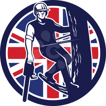 Icon retro style illustration of a British tree surgeon, arborist, tree surgeon, arboriculturist, holding chainsaw up tree branch with United Kingdom UK, Great Britain Union Jack flag inside circle.