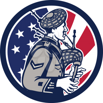 Icon retro style illustration of an American bagpiper playing the Scottish Great Highland bagpipes with United States of America USA star spangled banner or stars and stripes flag inside circle.