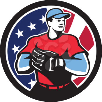Icon retro style illustration of an American baseball pitcher or catcher wearing mitts  with United States of America USA star spangled banner or stars and stripes flag inside circle isolated background.