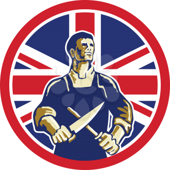 Icon retro style illustration of a British butcher sharpening knife viewed from front with United Kingdom UK, Great Britain Union Jack flag set inside circle on isolated background.
