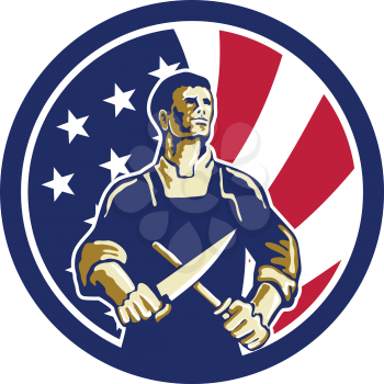 Icon retro style illustration of an American butcher sharpening knife viewed from front  with United States of America USA star spangled banner or stars and stripes flag in circle isolated background.