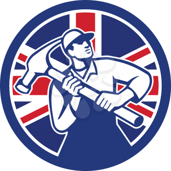 Icon retro style illustration of British handyman, carpenter, builder, joiner, construction worker holding hammer  with United Kingdom UK, Great Britain Union Jack flag set circle isolated background.