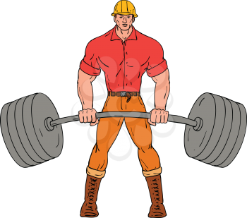 Cartoon style illustration of a buffed lumberjack, logger ,woodcutter, shanty boy, woodhick or timber cutter lifting a heavy weights barbell viewed from front wearing hard hat on isolated background.