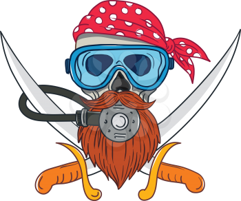 Drawing sketch style illustration of a pirate skull with hipster beard and wearing a diver or diving mask and regulator with crossed sword or cutlass and bandana or kerchief on isolated background.