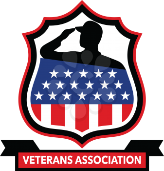 Icon retro style illustration of an American veteran soldier saluting with an USA stars and stripes star spangled banner set inside crest with words Veterans Association on isolated background.