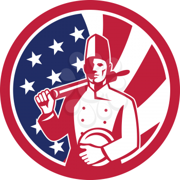 Icon retro style illustration of an American chef or cook holding a rolling pin and plate with United States of America USA star spangled banner stars and stripes flag in circle isolated background.