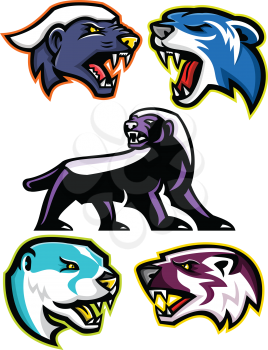 Mascot icon illustration set of fossorial carnivores like the honey badger or the ratel, polecat or weasel, the North American river otter or common otter and the American badger  viewed from side  on isolated background in retro style.
