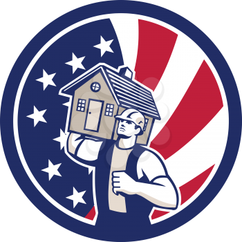Icon retro style illustration of an American house removal or mover carrying a house with United States of America USA star spangled banner or stars and stripes flag inside circle isolated background.