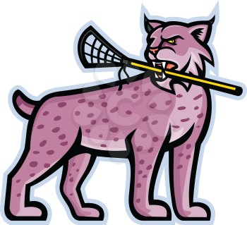 Sports mascot icon illustration of a lynx, Canada lynx, Eurasian lynx or Bobcat biting a lacrosse stick viewed from side on isolated background in retro style.