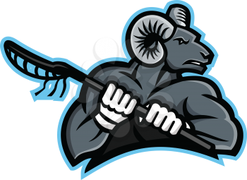 Mascot icon illustration of a bighorn ram, mountain goat or sheep holding a lacrosse stick viewed from side on isolated background in retro style.