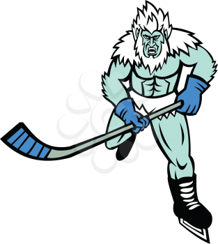Mascot icon illustration of an angry Yeti or Abominable Snowman, a folkloric ape-like creature, with hockey stick playing ice hockey viewed from front on isolated background in retro style.