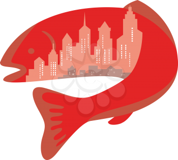 Icon retro style illustration of trout or salmon fish with urban or city skyline buildings inside on isolated background.
