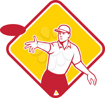 Mascot icon illustration  of an disc golf player throwing a flatball or frisbee set inside diamond shape viewed from front on isolated background in retro style.