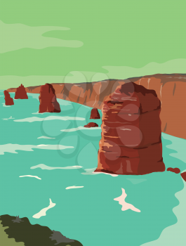Retro WPA illustration of Twelve Apostles, limestone stacks off Port Campbell National Park, by Great Ocean Road in Victoria, Australia in works project administration or federal art project style.