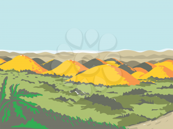 Retro WPA illustration of the Chocolate Hills, a geological formation in Bohol province, Philippines and a famous tourist attraction done in works project administration or federal art project style.