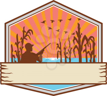 Retro style illustration of a duck or bird hunter with rifle in flooded cornfield with corn stalks set inside crest, shield or badge with sunburst on isolated background.