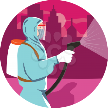 Illustration of an industrial worker, healthcare, essential or pest exterminator wearing a respiratory protective equipment, fumigating spraying disinfectant in city urban area in retro style.