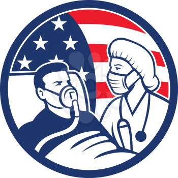 Icon illustration of an American nurse, medical doctor, healthcare professional wearing surgical mask caring for infectious COVID-19 coronavirus patient with USA stars and stripes flag in retro style.