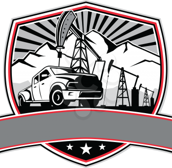 Retro style illustration of a pick-up truck with oil derrick, mountain and sunburst in background set inside crest, shield or badge on isolated background.
