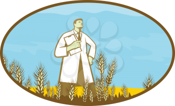 Retro style illustration of a scientist, researcher standing in middle of genetically modified wheat field set inside oval shape on isolated background.