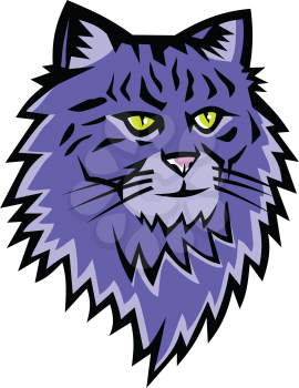 Sports mascot icon illustration of head of a Siberian Forest Cat, Moscow Semi-longhair, or Neva Masquerade, a medium to large size cat viewed from front on isolated background in retro style.