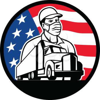 Mascot icon illustration of an American trucker or truck driver wearing surgical mask with semi-truck and USA stars and stars flag set inside circle on isolated background in retro style.