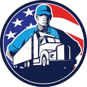 Mascot icon illustration of an American truck driver or trucker wearing surgical mask with truck lorry and USA stars and stars flag set in circle on isolated background in retro style.