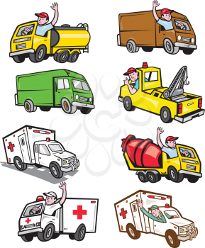 Set or collection of cartoon character mascot style illustration of truck driver driving a fuel tanker, cement truck, ambulance, closed van and tow truck on isolated white background.