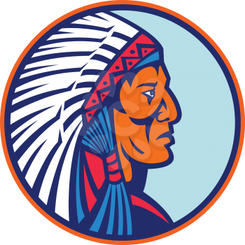 Mascot icon illustration of head of a Cheyenne brave, chief or warrior, one of the indigenous people of the Great Plains of North America wearing a warbonnet or headdress side view in retro style.