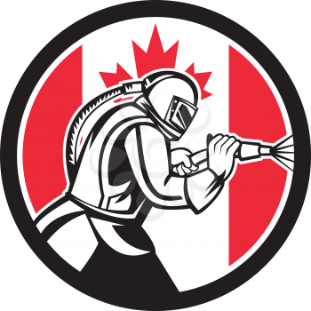 Mascot icon illustration of a Canadian sandblaster or sand blaster abrasive blasting viewed from side set inside circle with Canada flag on isolated background in retro style.