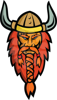 Mascot icon illustration of head of an angry Viking, Norseman or Norse seafarer viewed from   front on isolated background in retro style.