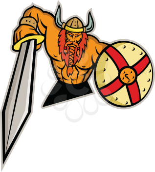 Mascot icon illustration of bust of a Viking, Norseman or Norse seafarer with sword and shield viewed from   front on isolated background in retro style.