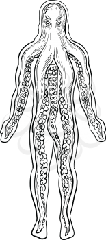 Drawing sketch style illustration of an alien octopus inside a human body and taking over it viewed from front on isolated white background in black and white.