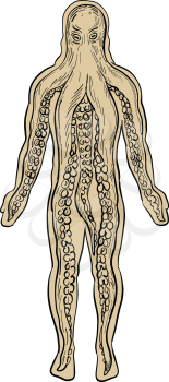 Drawing sketch style illustration of an alien octopus inside a human body and taking over it viewed from front on isolated white background.