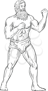 Drawing sketch style illustration of a bearded vintage boxer with full beard, with fists on chest ready to fight in boxing fighting stance on isolated white background in black and white.