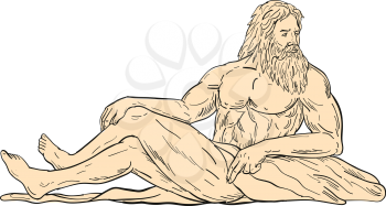 Drawing sketch style illustration of Hercules, a Roman hero and god, reclining, sitting or resting looking to side viewed from side on isolated white background done in color.