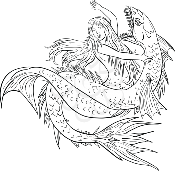 Drawing sketch style illustration of a a mermaid or siren fighting or grappling with a sea serpent or monster on isolated white background in  black and white.
