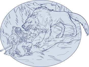 Drawing sketch style illustration of Norse god, Odin, god of wisdom and war, being attacked by Fenrir, a monstrous wolf in Norse mythology set inside oval shape a on isolated white background.
