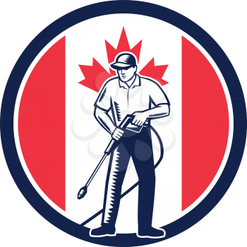 Illustration of a Canadian worker with pressure washer chemical washing using high-pressure water spray with Canada maple leaf flag set inside circle done in retro woodcut style. 