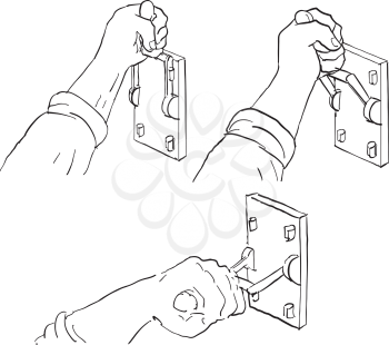 Drawing sketch style illustration of progression sequence of hand pulling down a vintage Frankenstein light or throw switch 
