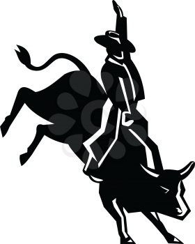 Retro style illustration of rodeo cowboy bull rider riding a red bull on isolated background.